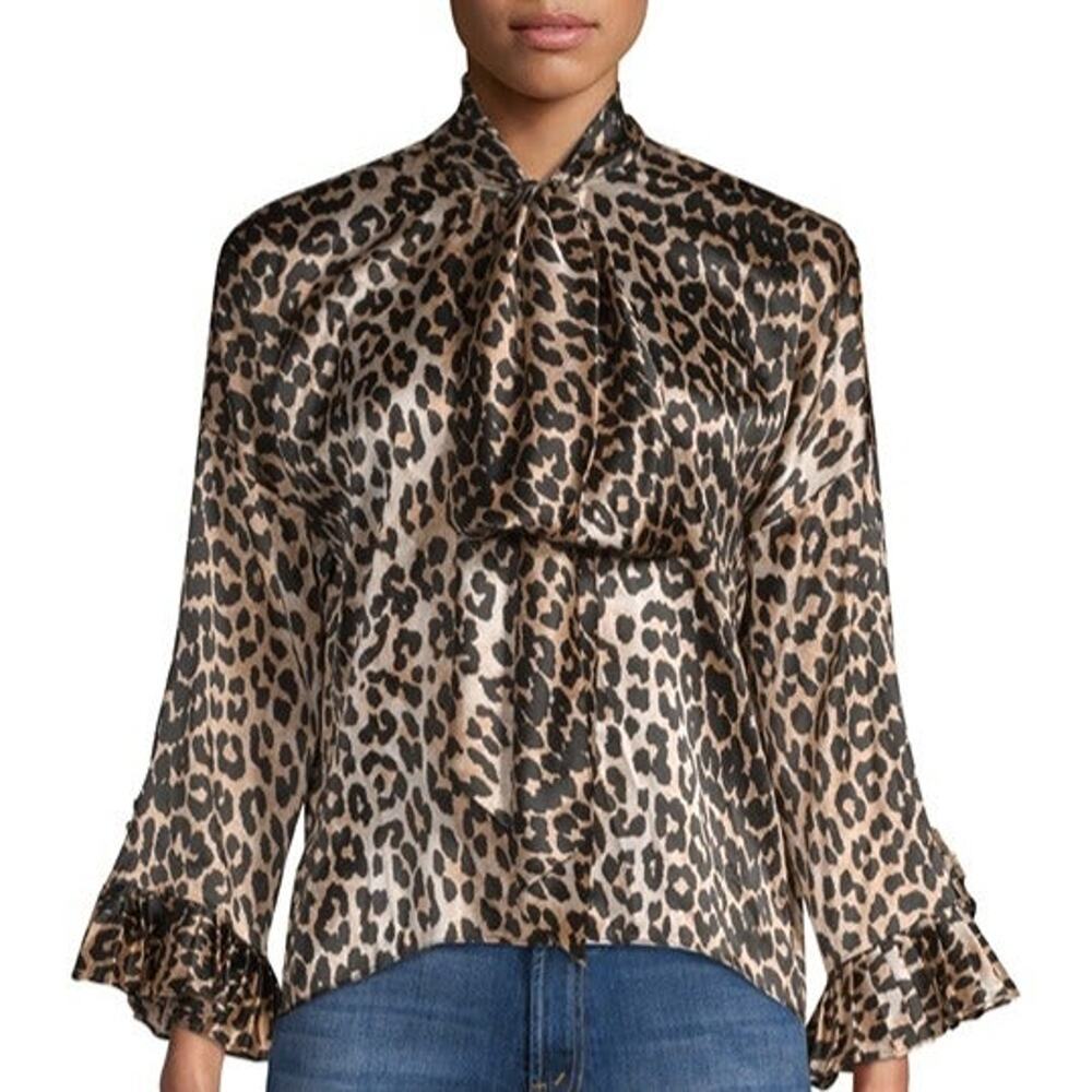 Ganni Calla silk blouse Sz 38 leopard print top long sleeve front tie A16